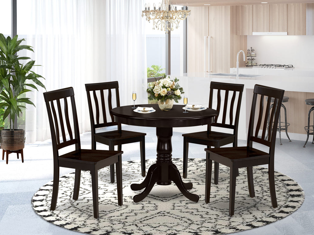 ANTI5-5A7-A 5-Piece Dining Ensemble with Round Pedestal Table and Comfy Chairs for Four in Rich Cappuccino