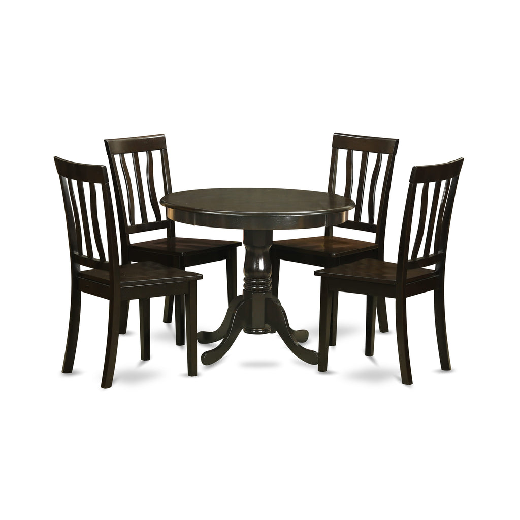 ANTI5-5A7-A 5-Piece Dining Ensemble with Round Pedestal Table and Comfy Chairs for Four in Rich Cappuccino