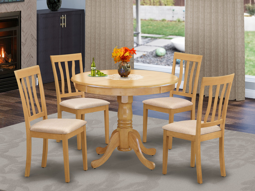 ANTI5-3BT-Y 5-Piece Dining Room Ensemble, Round Pedestal Table, 36 Oak Design, 4 Stylish Linen Chairs