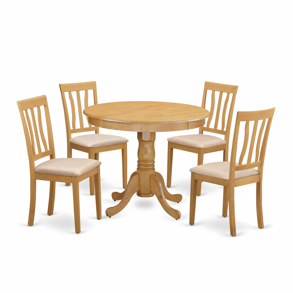 ANTI5-3BT-Y 5-Piece Dining Room Ensemble, Round Pedestal Table, 36 Oak Design, 4 Stylish Linen Chairs