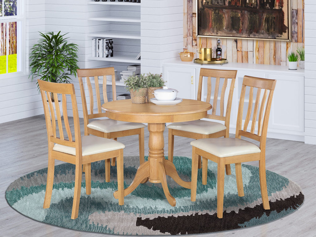 ANTI5-CJ7-G6 5-Piece Dining Room Set with Oak Pedestal Table & 4 Luxe Upholstered Chairs