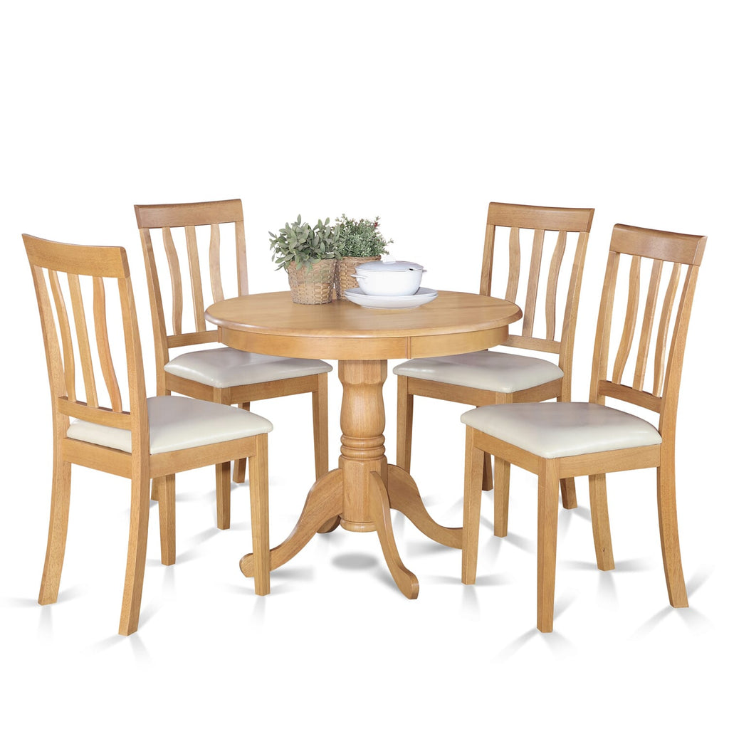 ANTI5-CJ7-G6 5-Piece Dining Room Set with Oak Pedestal Table & 4 Luxe Upholstered Chairs