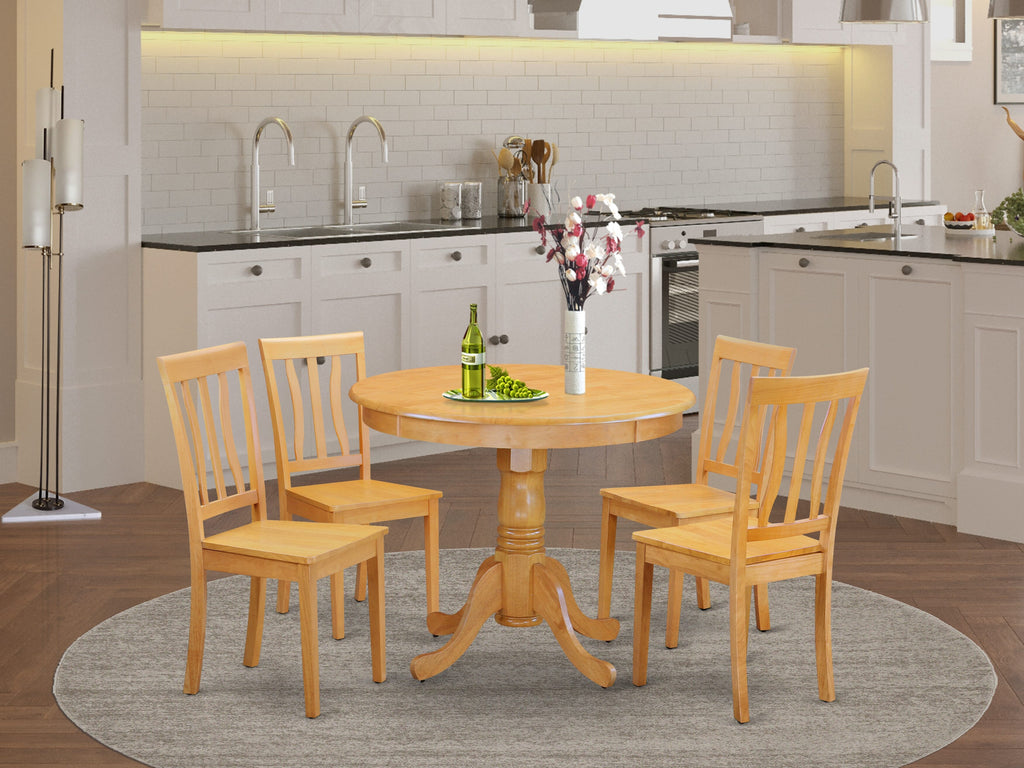 ANTI5-ASQ-P 5-Piece Dining Ensemble with Circular Table and Pedestal Base, plus 4 Chairs, 36 Oak Finish