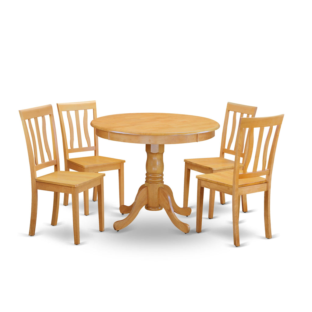 ANTI5-ASQ-P 5-Piece Dining Ensemble with Circular Table and Pedestal Base, plus 4 Chairs, 36 Oak Finish