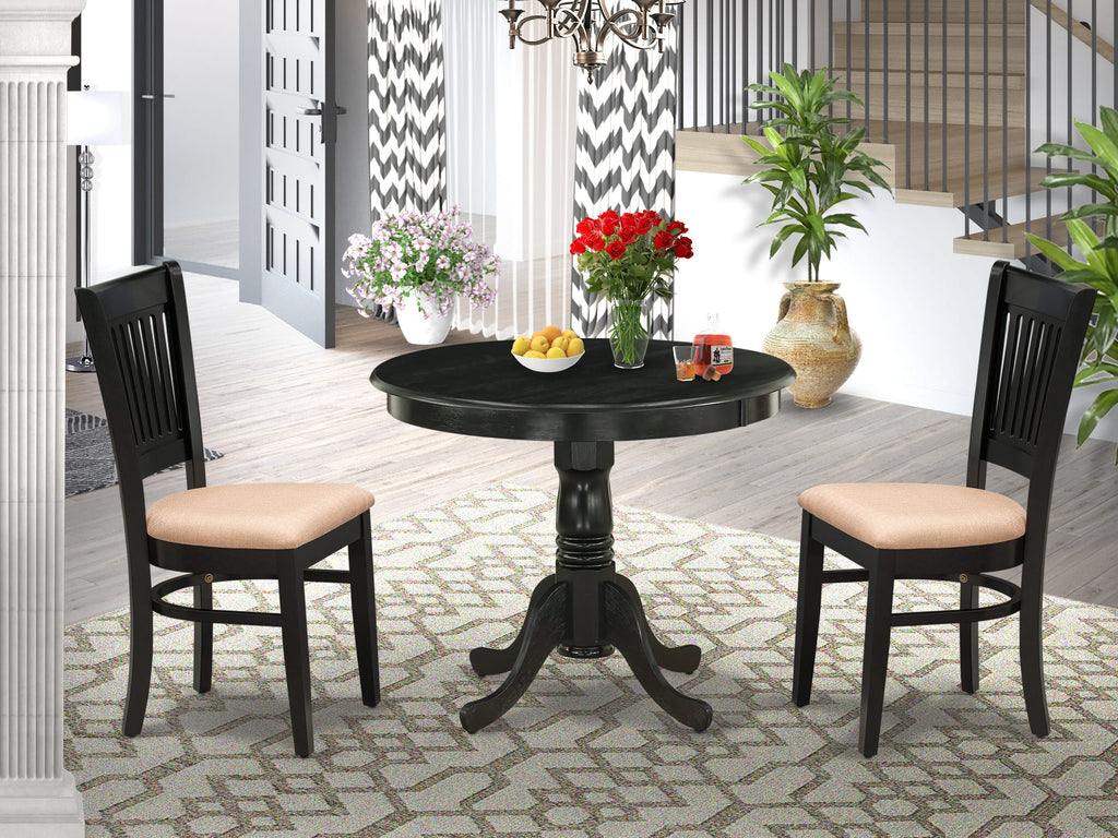 ANVA3-971-Y Stylish Dining Set Circular Table with Pedestal & Two Linen Chairs, Black