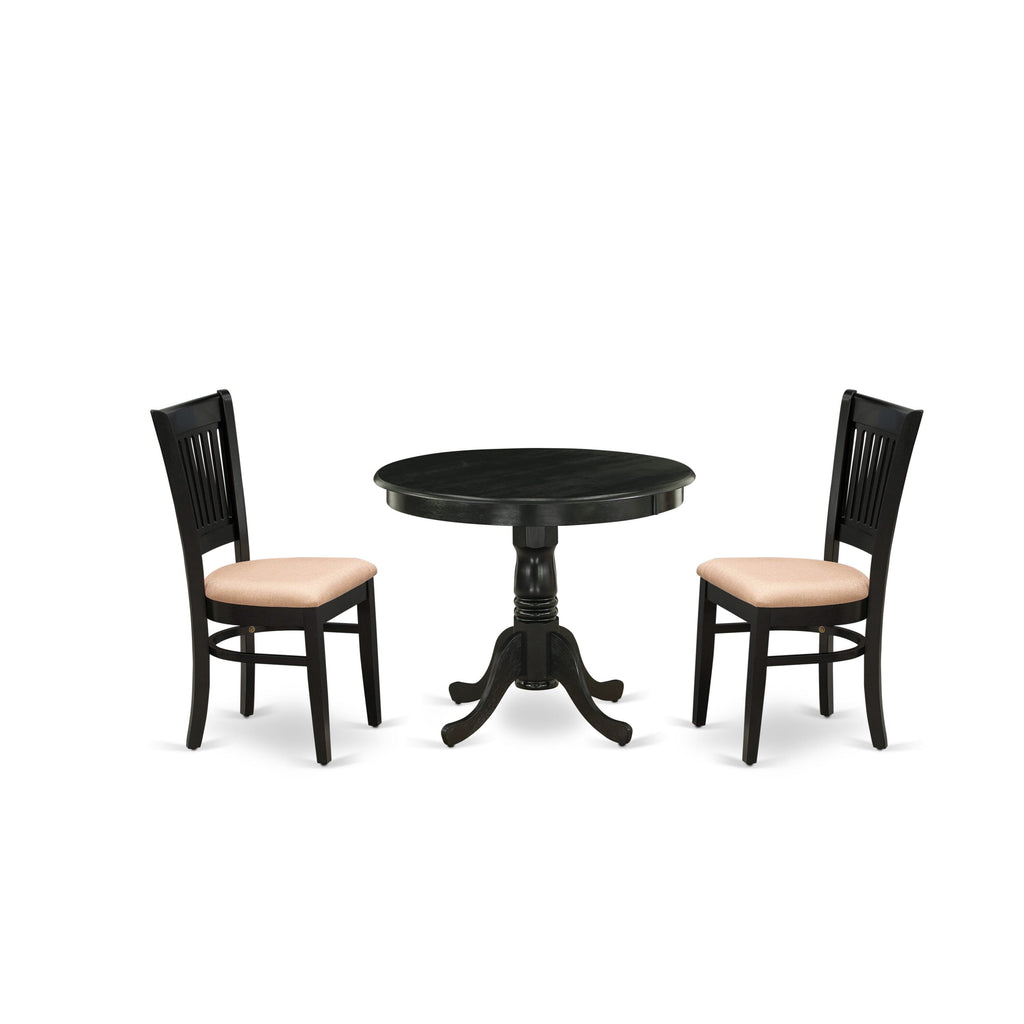 ANVA3-971-Y Stylish Dining Set Circular Table with Pedestal & Two Linen Chairs, Black