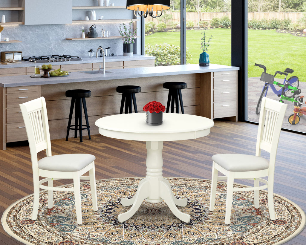 ANVA3-SC1-V Elegant 3 Piece Round Dining Set for Cozy Spaces with Pedestal Table & 2 Linen Chairs, 36x36, White Finish
