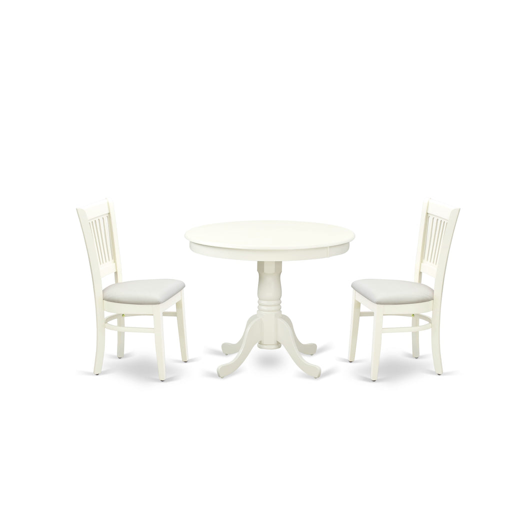 ANVA3-SC1-V Elegant 3 Piece Round Dining Set for Cozy Spaces with Pedestal Table & 2 Linen Chairs, 36x36, White Finish