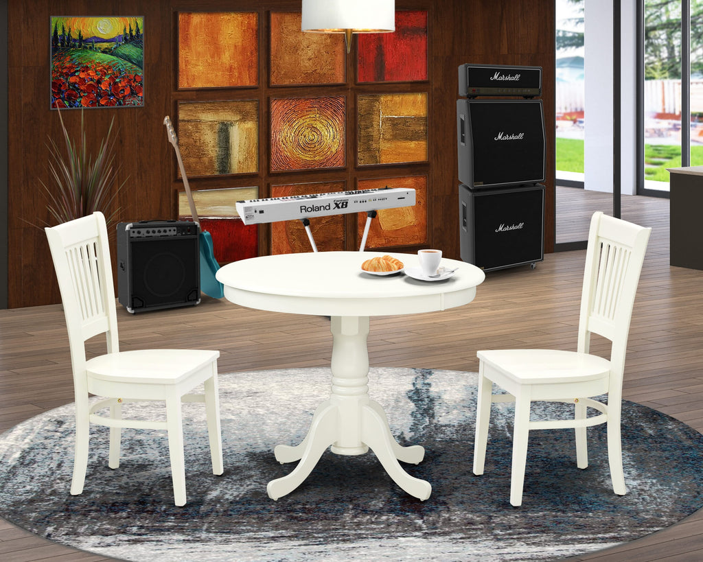 Chic ANVA3-Q6U-C 3-Piece Set Elegant 36 Round Dining Table & 2 Chairs, Linen White Finish
