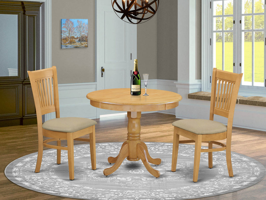 ANVA3-PZF-L Round Dining Table Set with Pedestal and Upholstered Chairs, Ideal for Cozy Spaces, Oak Finish