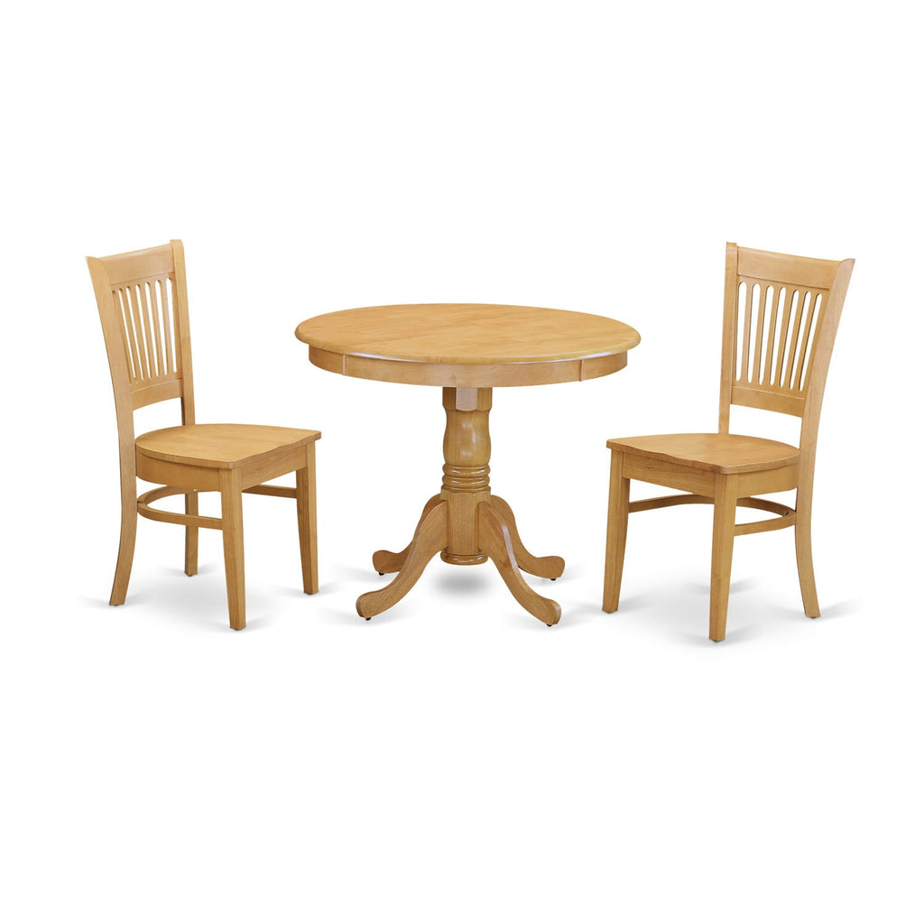 Compact Round Dining Suite with Pedestal Table and Chairs -  ANVA3-D0E-G, 3 Piece Set, 36x36 Oak Finish