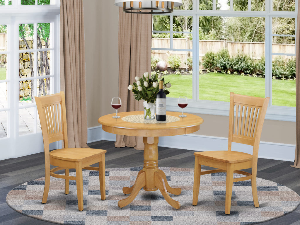 Compact Round Dining Suite with Pedestal Table and Chairs -  ANVA3-D0E-G, 3 Piece Set, 36x36 Oak Finish