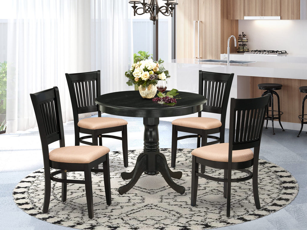 Elegant 5-Piece ANVA5-HEC-R Dining Set with Round Table & Linen Chairs - Hardwood Finish