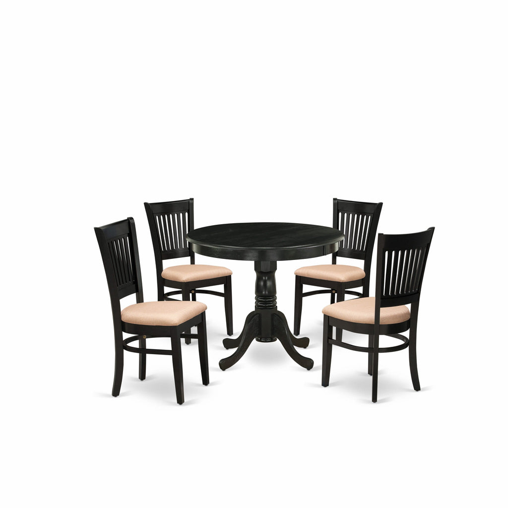 Elegant 5-Piece ANVA5-HEC-R Dining Set with Round Table & Linen Chairs - Hardwood Finish