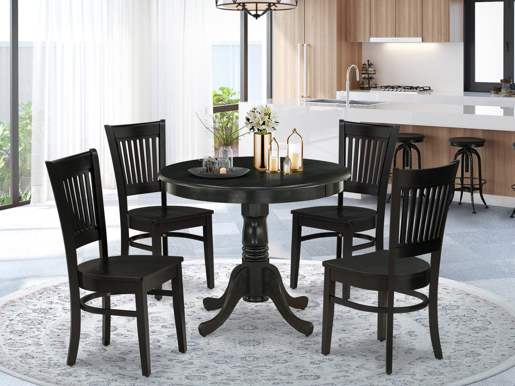 ANVA5-AA1-M Modern 5 Piece Circular Dining Set with Pedestal Table and Four Chairs, 36-inch Black Finish