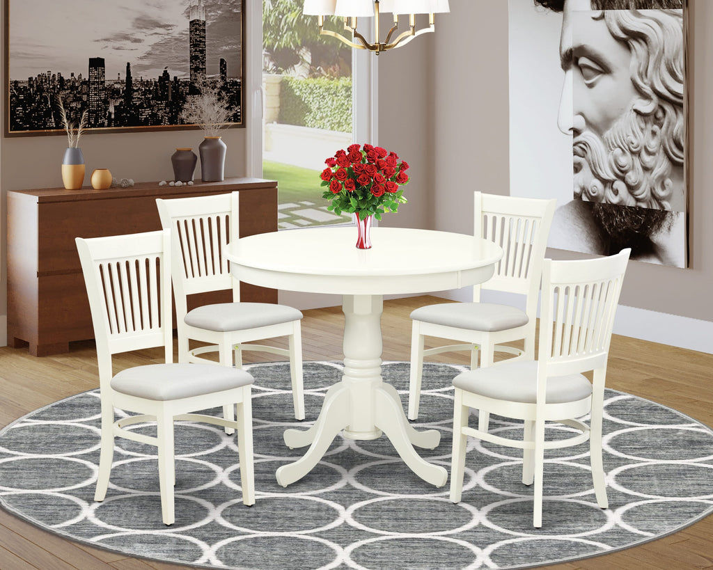 ANVA5-ORF-W 5-Piece Dining Set Featuring Round Table & 4 Upholstered Chairs, 36-Inch Linen White