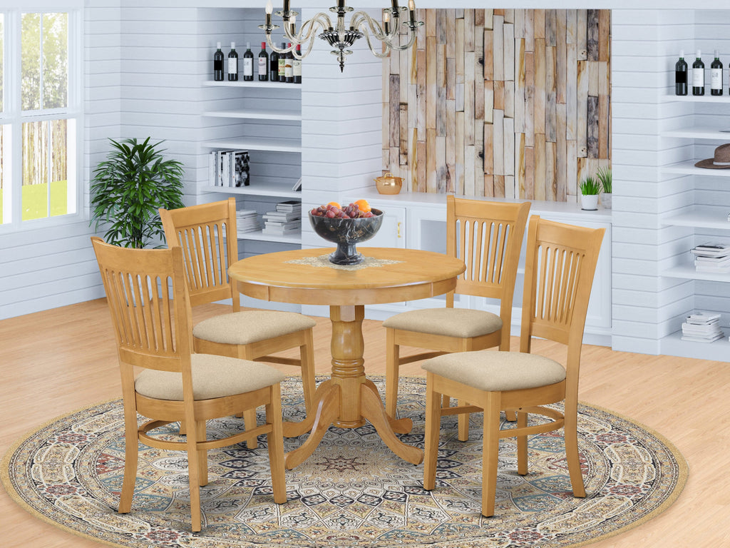 ANVA5-QA2-M Elegant 5 Pc Dining Set with Pedestal Table & Upholstered Chairs, Oak Finish