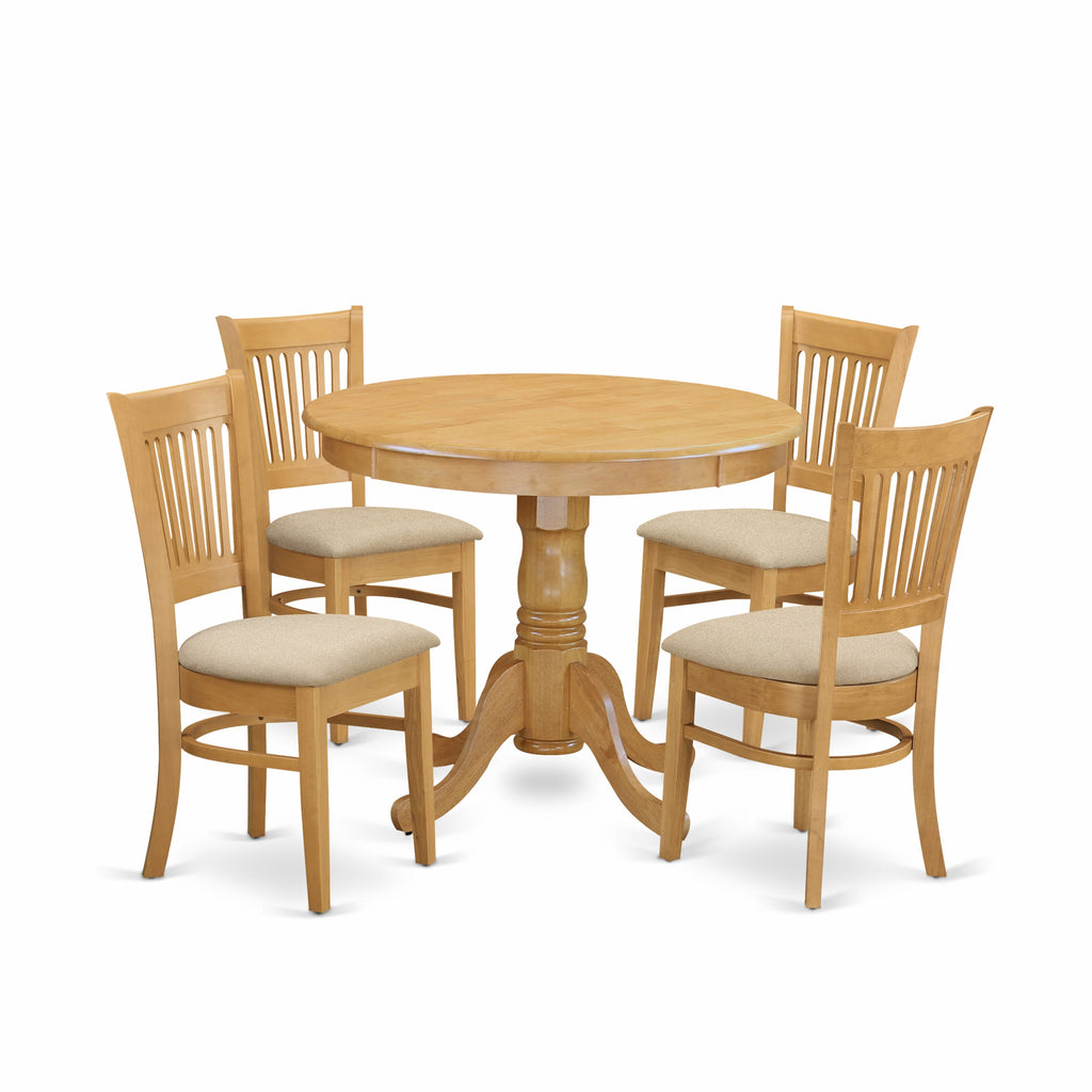 ANVA5-QA2-M Elegant 5 Pc Dining Set with Pedestal Table & Upholstered Chairs, Oak Finish