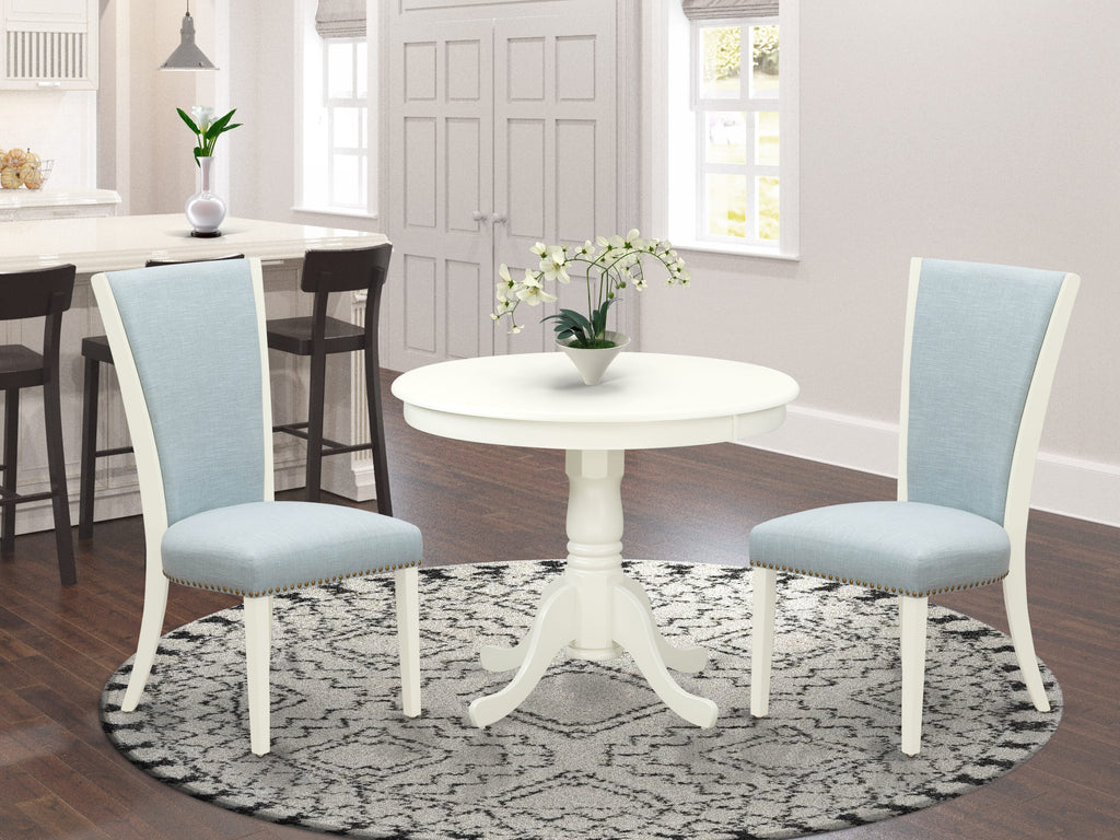 ANVE3-IOU-2O 3-Piece Dining Ensemble Featuring a Circular Table & Soft Blue Linen Chairs, 36 Linen White
