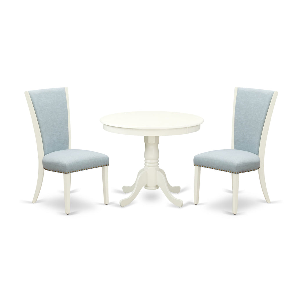 ANVE3-IOU-2O 3-Piece Dining Ensemble Featuring a Circular Table & Soft Blue Linen Chairs, 36 Linen White