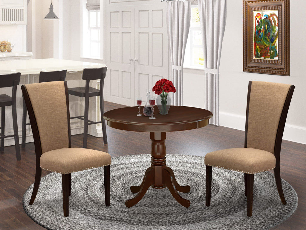 Round Pedestal Dining Set ANVE3-PA5-7L Includes Table & 2 Sable Linen Chairs for Cozy Kitchens, 36 Inch