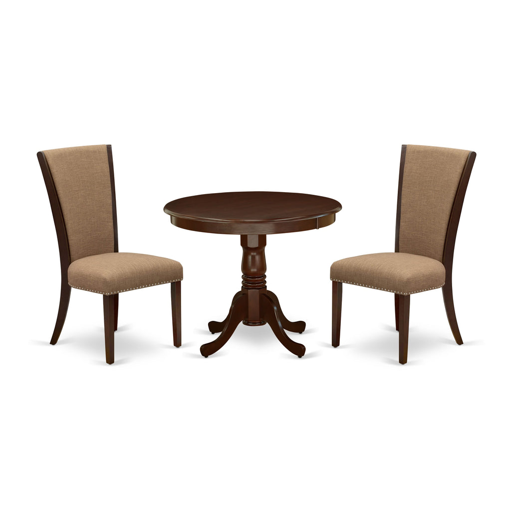 Round Pedestal Dining Set ANVE3-PA5-7L Includes Table & 2 Sable Linen Chairs for Cozy Kitchens, 36 Inch