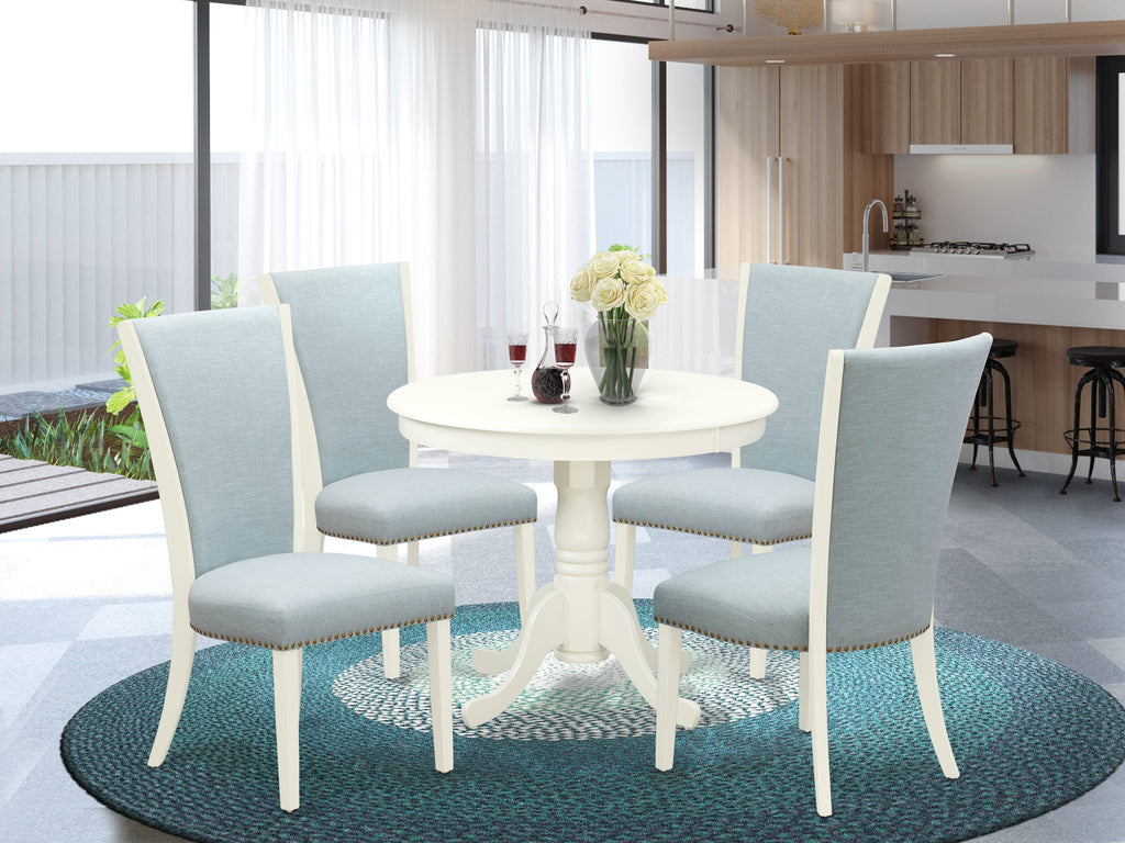 ANVE5-QCJ-4P Elegant 5 Piece Dining Ensemble with Circular Table and Baby Blue Chairs - 36x36 Linen White