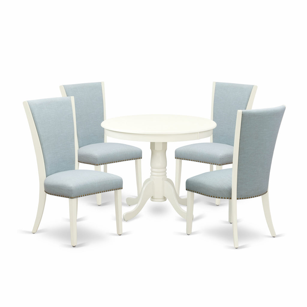 ANVE5-QCJ-4P Elegant 5 Piece Dining Ensemble with Circular Table and Baby Blue Chairs - 36x36 Linen White
