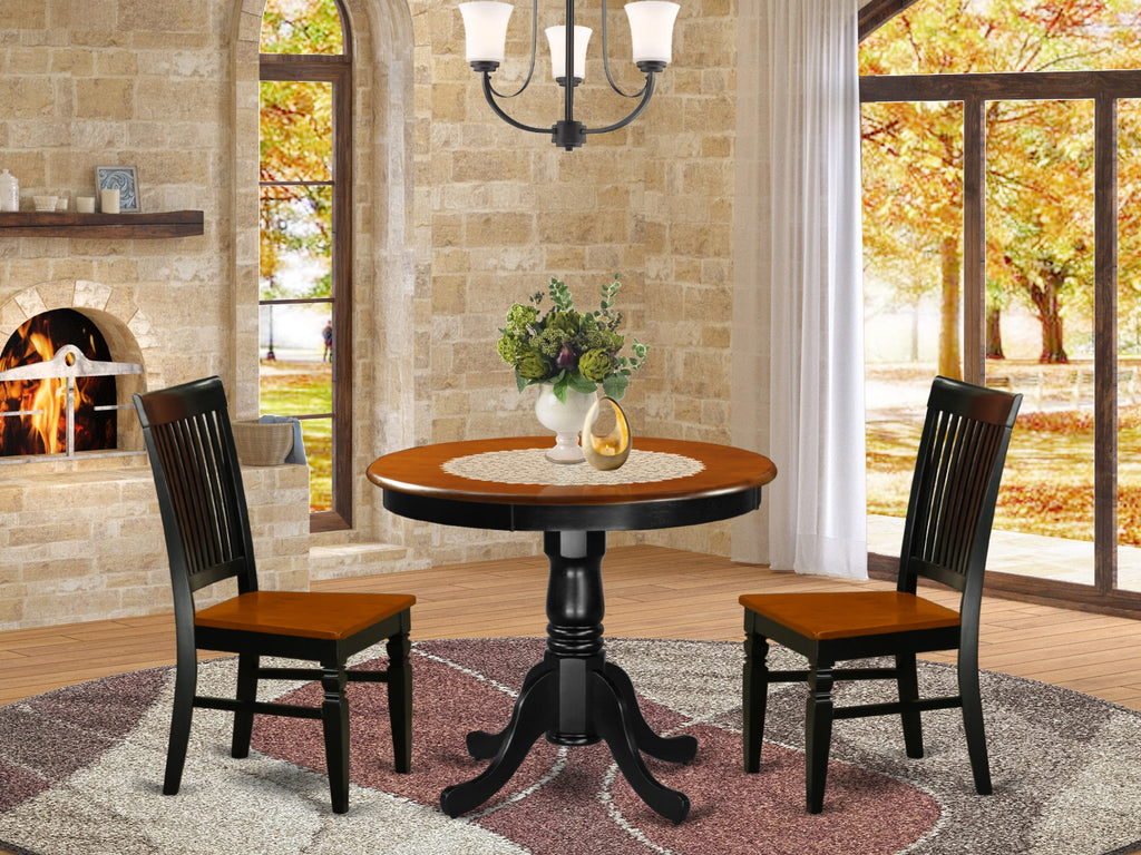 ANWE3-DCS-Z Round 3-Piece Table Set with Wood Chairs, Pedestal Design, in Black Cherry