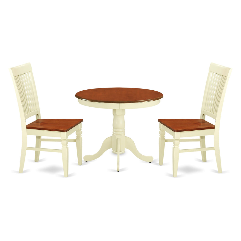 ANWE3-YIT-E 3 Piece Round Table Dining Set with Pedestal and Two Chairs in Buttermilk Cherry, 36x36