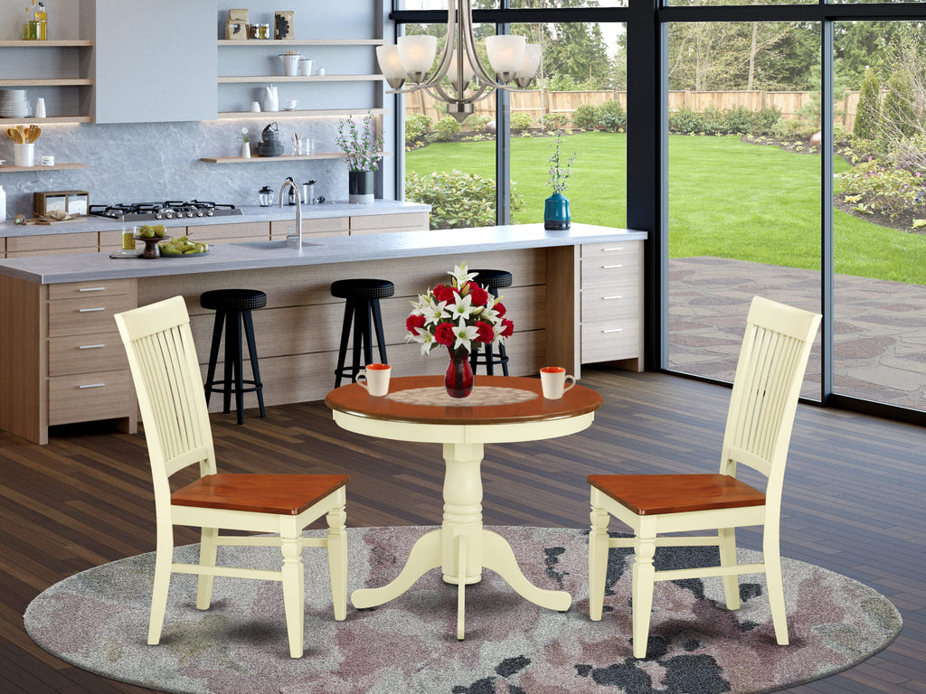 ANWE3-YIT-E 3 Piece Round Table Dining Set with Pedestal and Two Chairs in Buttermilk Cherry, 36x36