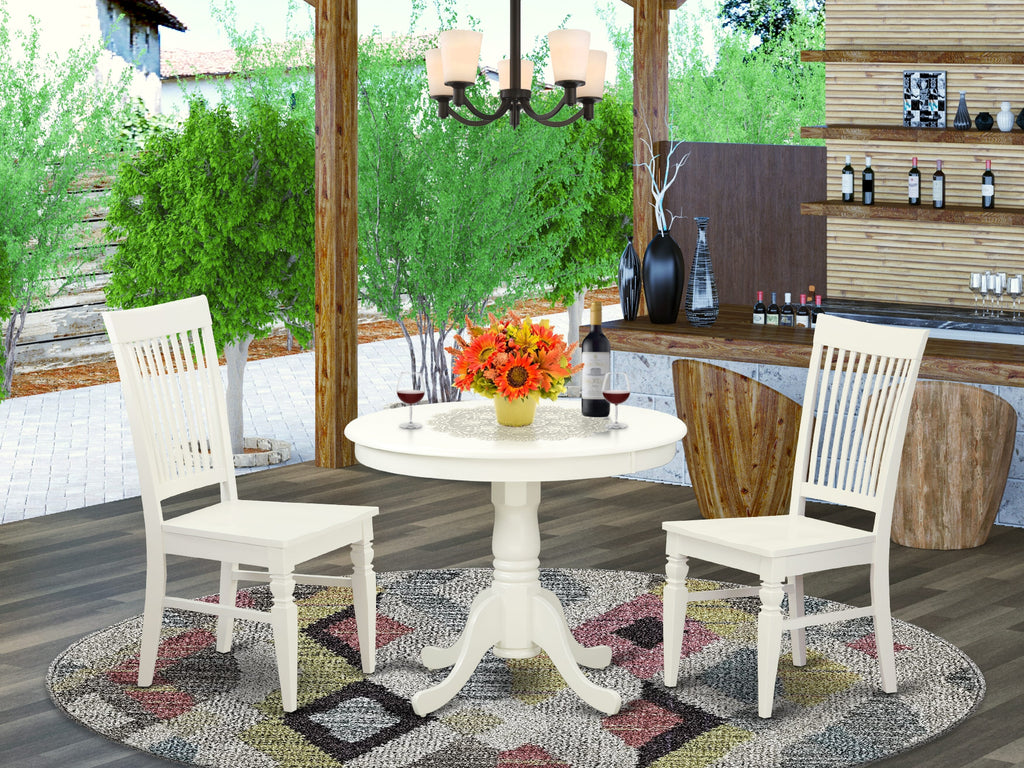 ANWE3-5BB-Y Compact Round Pedestal Dining Set with Two Chairs, Perfect for Small Spaces, Linen White Finish, 3-Piece