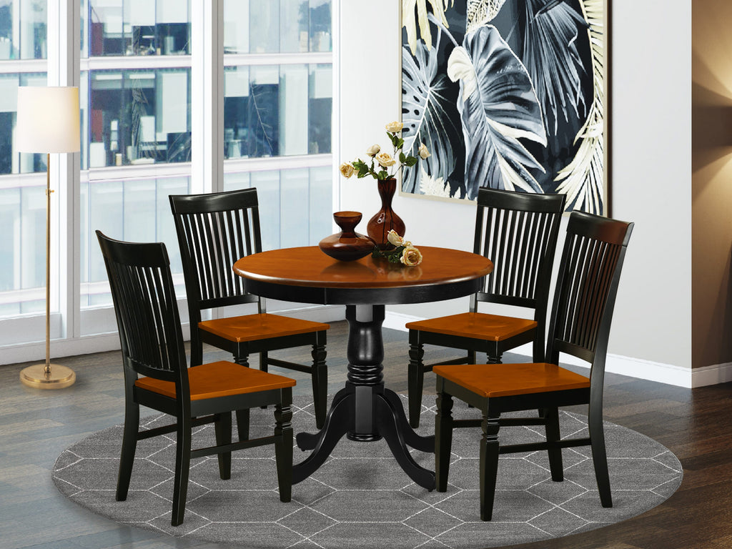 ANWE5-D0C-4 Elegant 5-Piece Dining Collection with Round Table and 4 Chairs, Black & Cherry