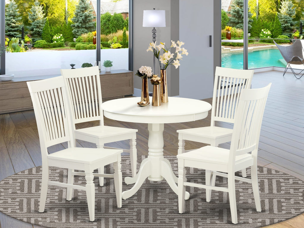 ANWE5-137-P 5-Piece Set Round Pedestal Dining Table and Chairs in Soft White Finish, 36x36 Inch