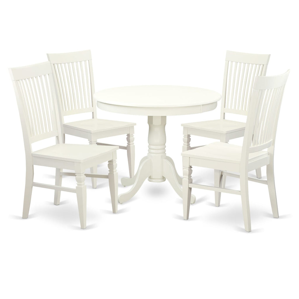 ANWE5-137-P 5-Piece Set Round Pedestal Dining Table and Chairs in Soft White Finish, 36x36 Inch