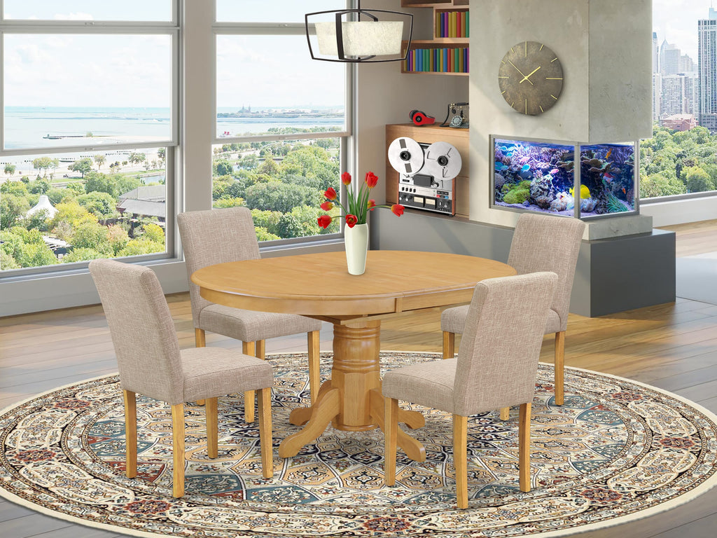 AVAB5-8AB-JJ Elegant 5-Piece Dining Set Oval Table with Split Leaf and 4 Tan Fabric Chairs, 42x60 Oak Finish