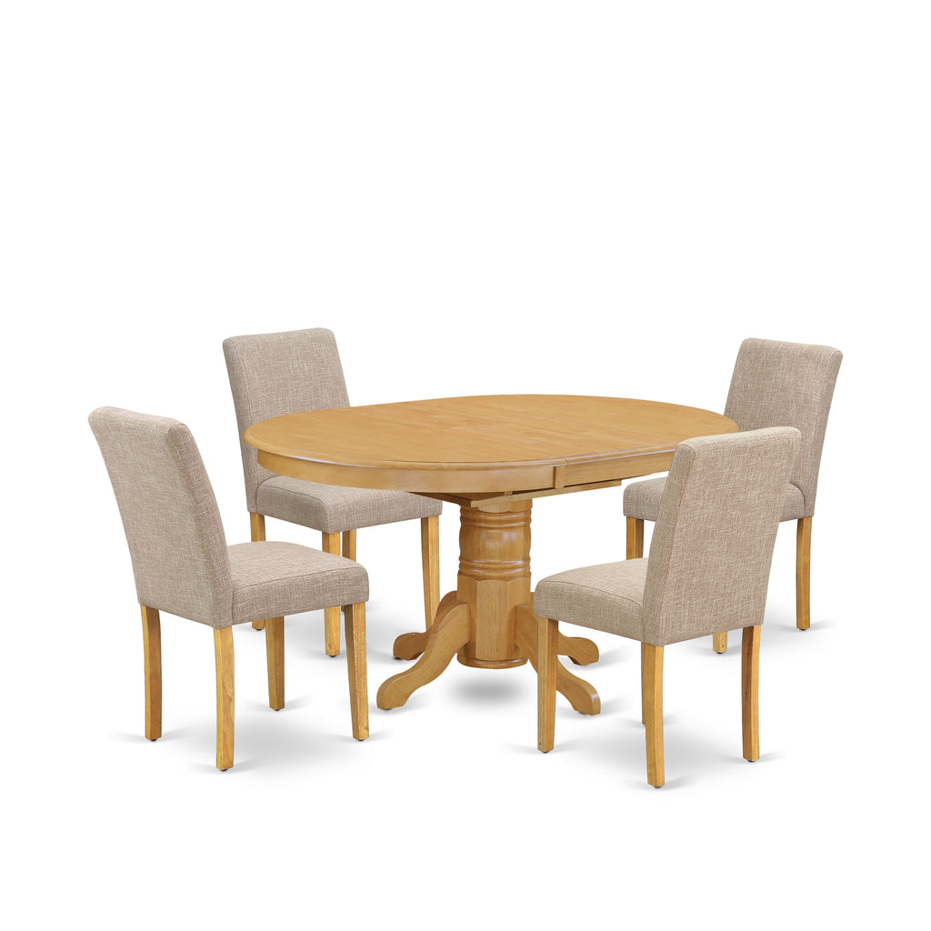 AVAB5-8AB-JJ Elegant 5-Piece Dining Set Oval Table with Split Leaf and 4 Tan Fabric Chairs, 42x60 Oak Finish