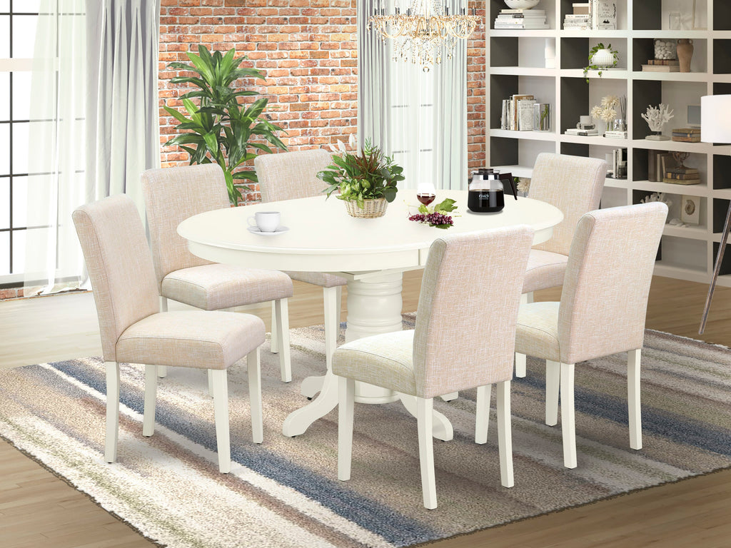 AVAB7-2FU-P7 Elegant 7-Piece Oval Dining Set - Includes Table with Butterfly Extension and 6 Beige Linen Chairs, 42x60, Pure White Finish