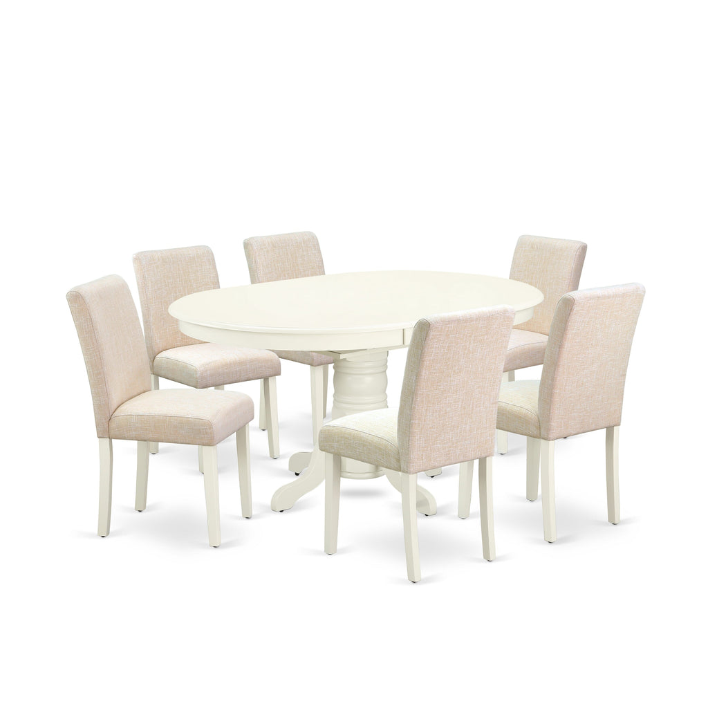 AVAB7-2FU-P7 Elegant 7-Piece Oval Dining Set - Includes Table with Butterfly Extension and 6 Beige Linen Chairs, 42x60, Pure White Finish