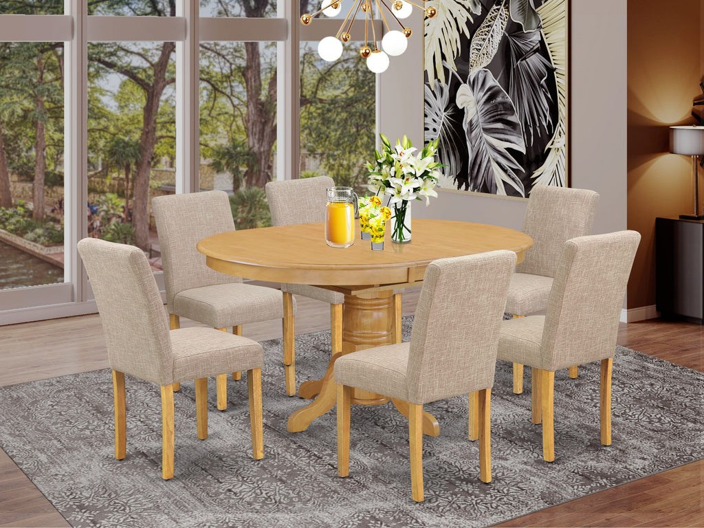 AVAB7-REY-Y2 7-Piece Dining Set with Oval Table, Butterfly Leaf & 6 Elegant Tan Linen Chairs, 42x60 Oak Finish