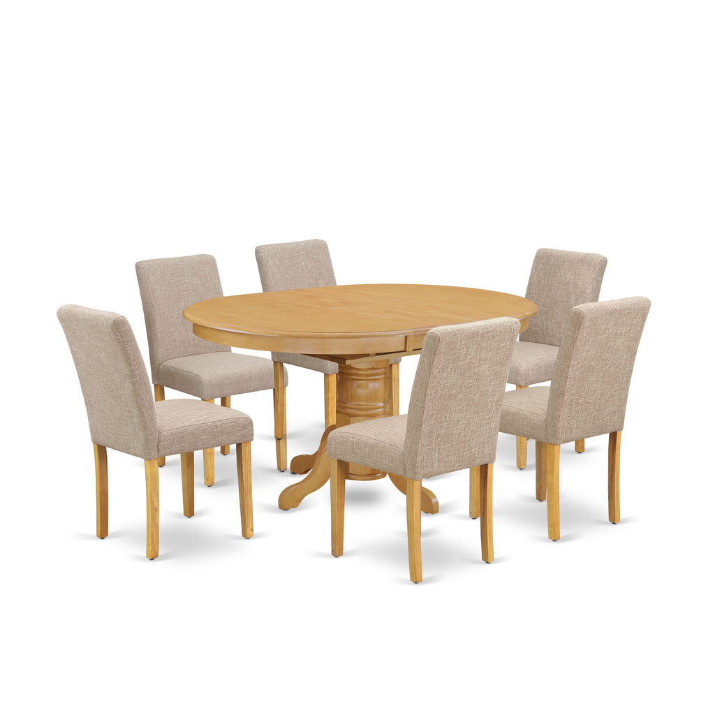 AVAB7-REY-Y2 7-Piece Dining Set with Oval Table, Butterfly Leaf & 6 Elegant Tan Linen Chairs, 42x60 Oak Finish