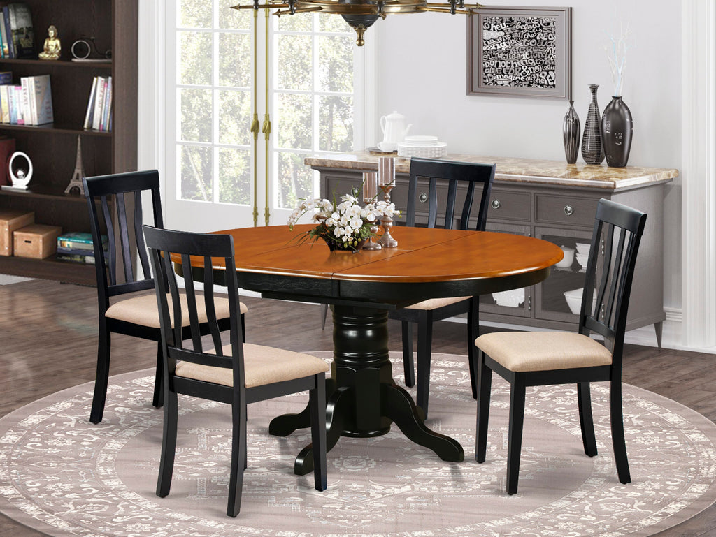 AVAT5-24T-0 5-Piece Dining Set with Oval Table & Leaf, Plus 4 Linen Chairs, Black & Cherry 42x60
