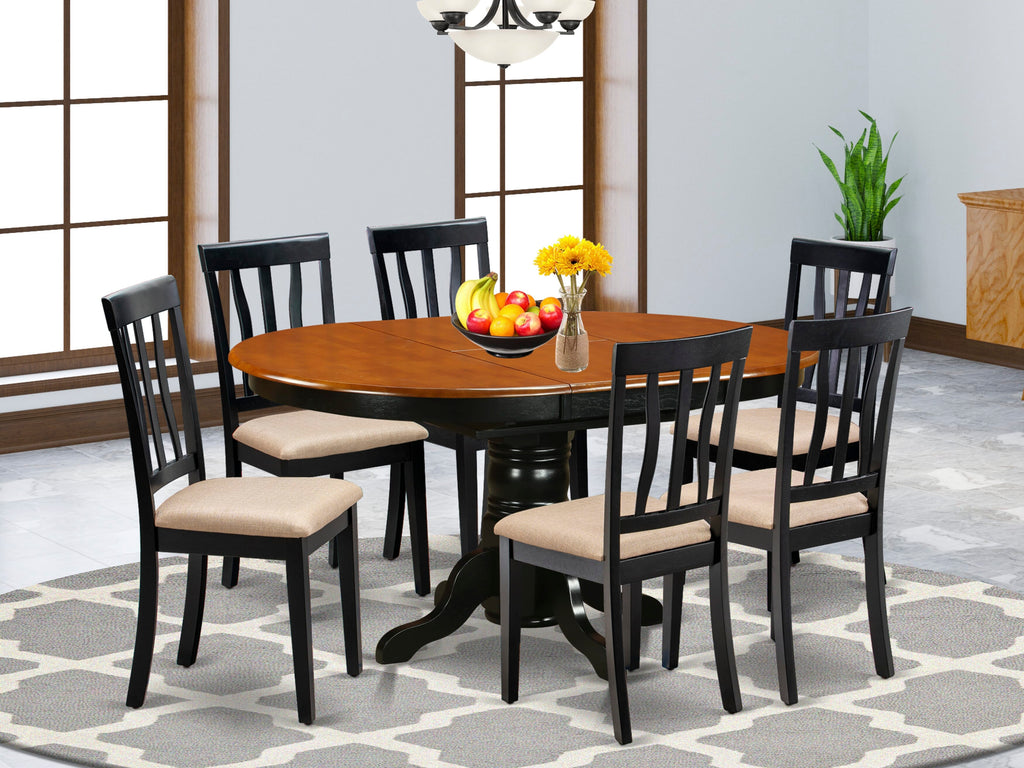 AVAT7-BHY-T Exquisite 7-Piece Oval Dining Set with Butterfly Leaf and Upholstered Chairs, Black & Cherry Tones