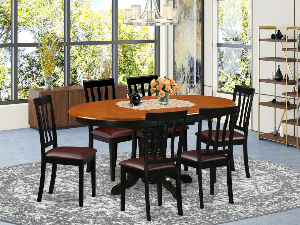 AVAT7-A6H-J2 7-Piece Dining Ensemble with Oval Table, Butterfly Leaf & 6 Faux Leather Chairs, Black & Cherry Finish