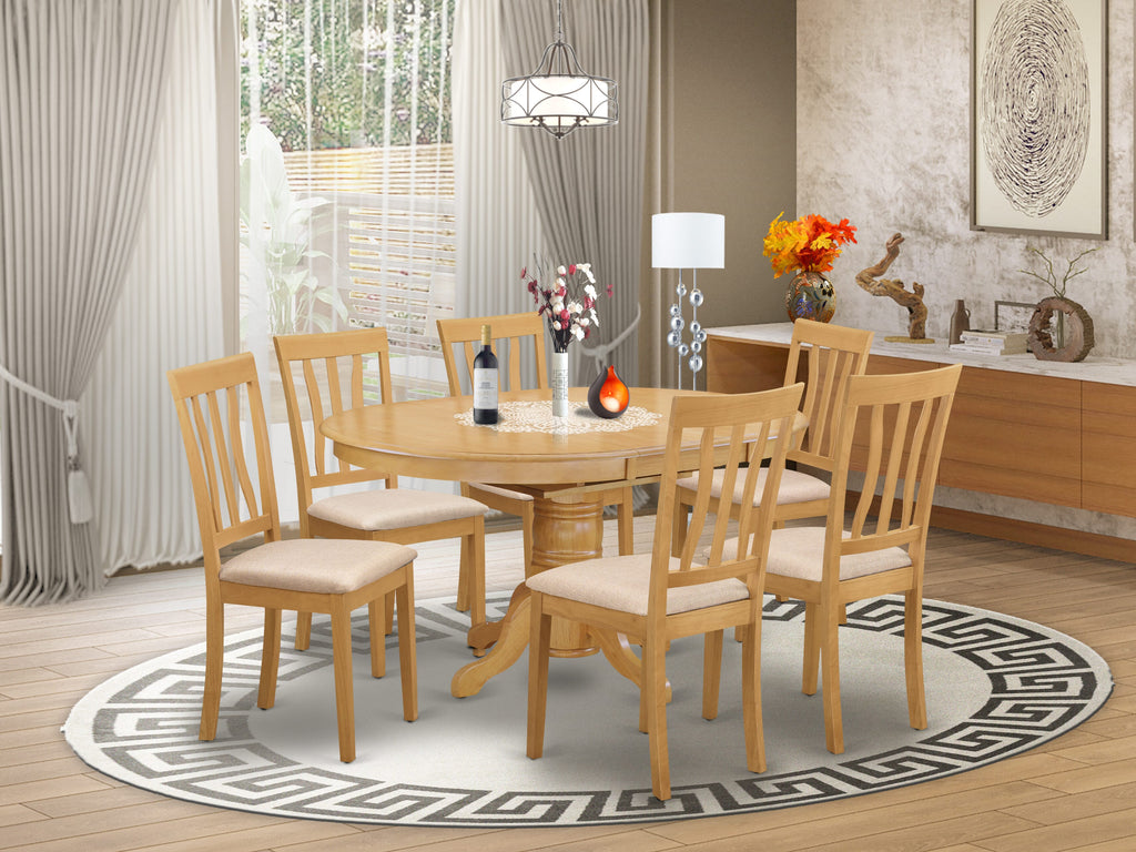 AVAT7-69Q-C Set 7-Piece Dining ensemble with expanding oval table & 6 linen chairs, Oak finish