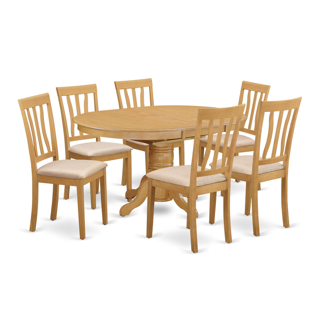 AVAT7-69Q-C Set 7-Piece Dining ensemble with expanding oval table & 6 linen chairs, Oak finish