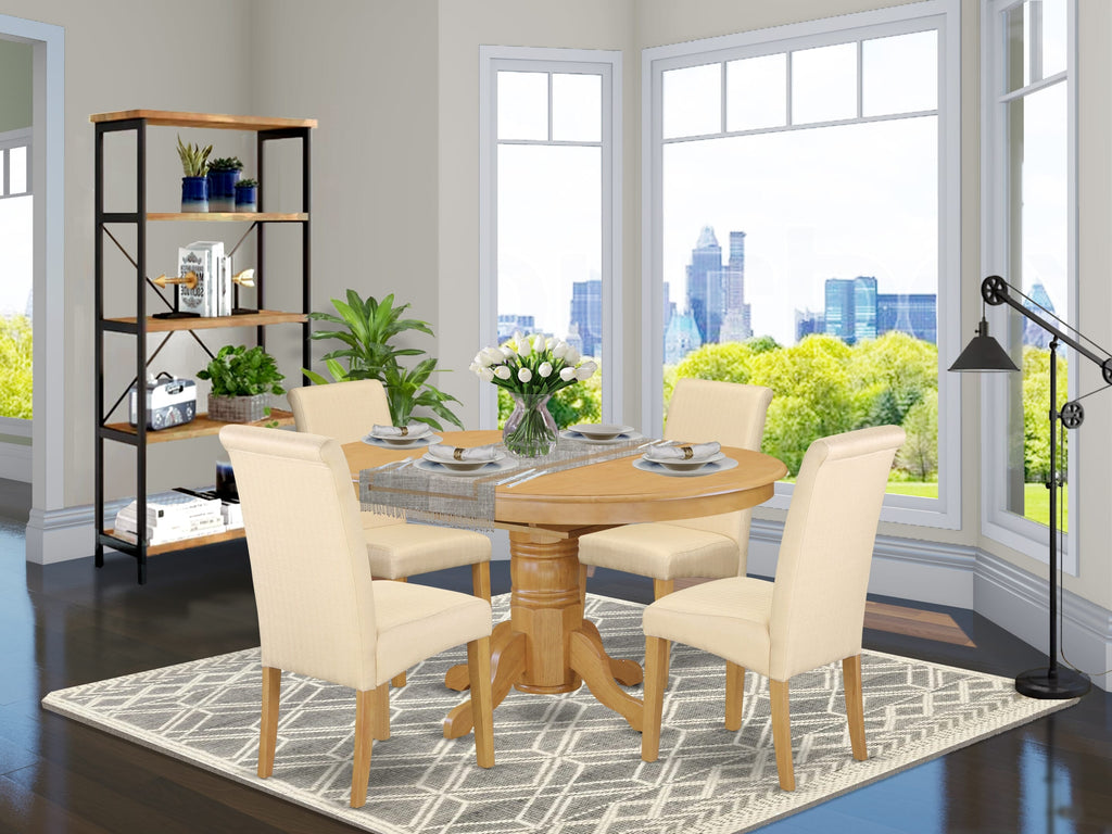 AVBA5-CM2-DD Oak Finish Butterfly-Leaf Dining Set with Upholstered Chairs, 5-Piece