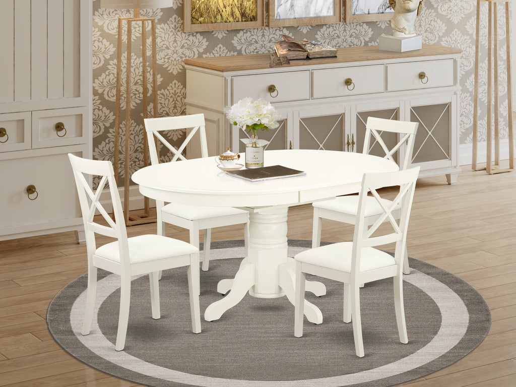5-Piece Dining Ensemble AVBO5-KJE-5W with Oval Butterfly Leaf Table & 4 Leather-Like Chair Set, Linen White