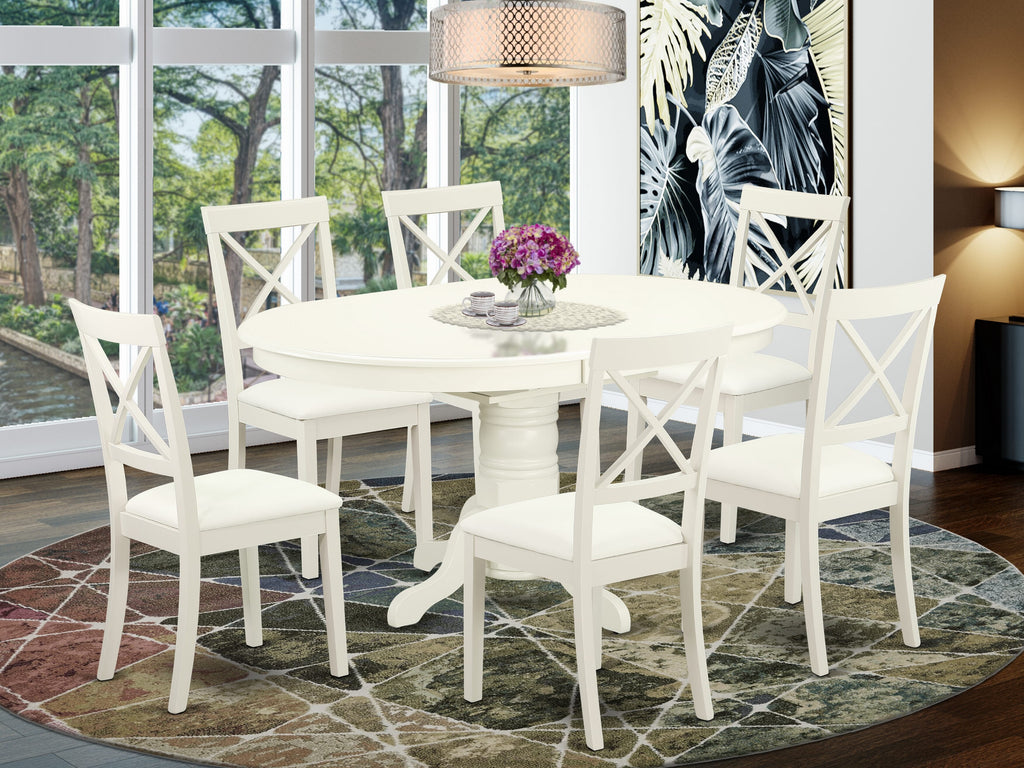 AVBO7-KPR-1V 7-Piece Set Oval Dining Table with Leaf Extension & 6 Elegant Faux Leather Chairs, Linen White 42x60