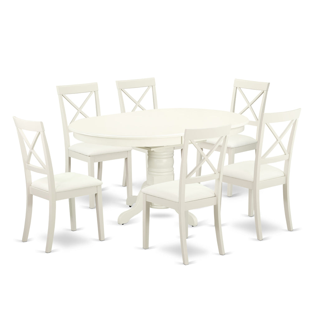 AVBO7-KPR-1V 7-Piece Set Oval Dining Table with Leaf Extension & 6 Elegant Faux Leather Chairs, Linen White 42x60